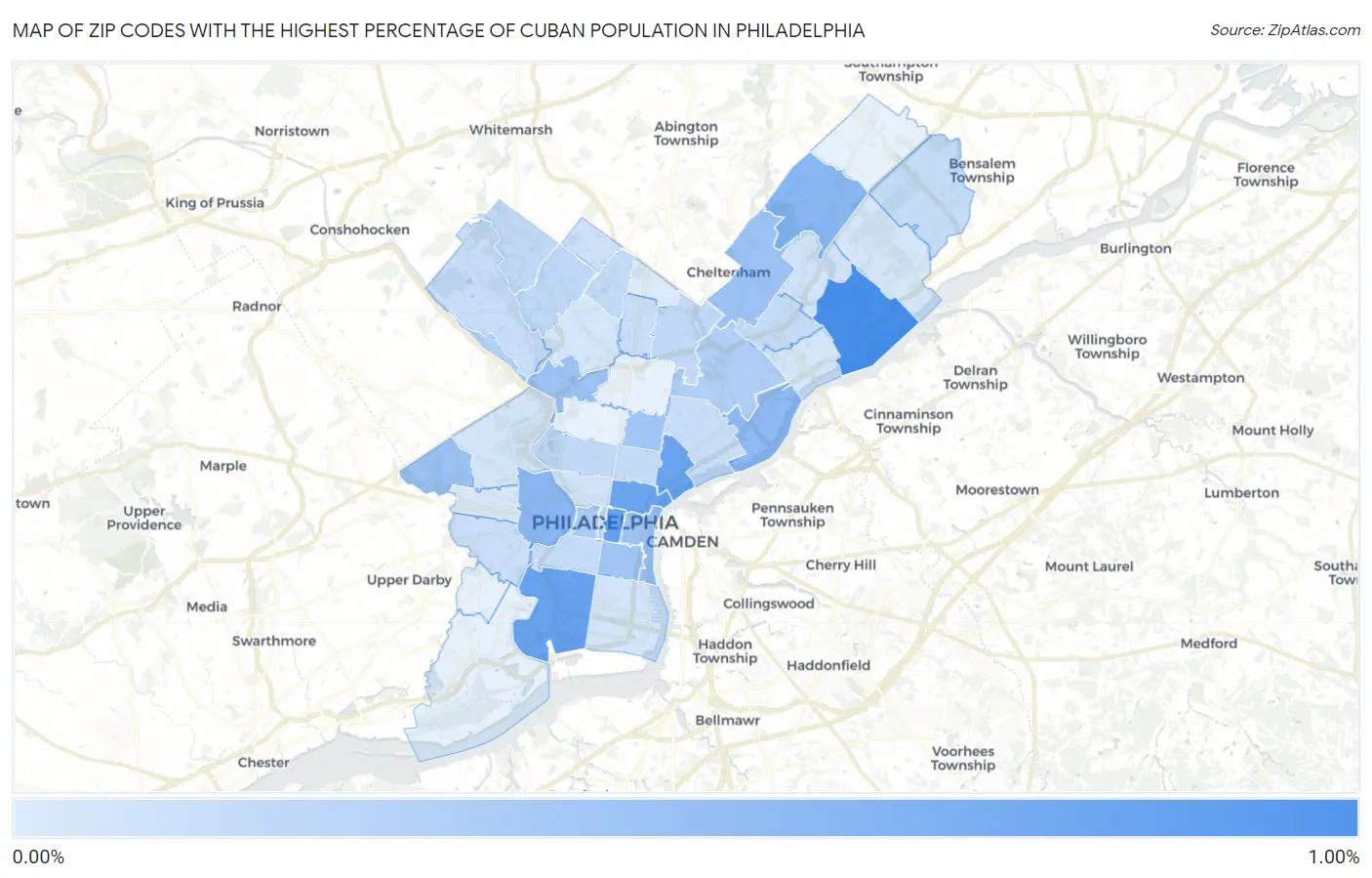 Zip Codes with the Highest Percentage of Cuban Population in Philadelphia Map