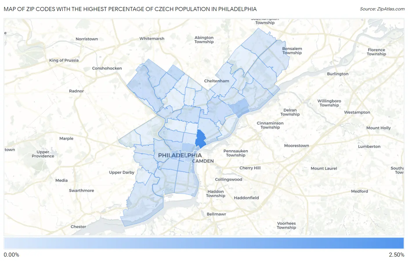 Zip Codes with the Highest Percentage of Czech Population in Philadelphia Map