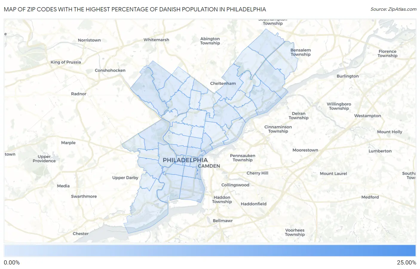 Zip Codes with the Highest Percentage of Danish Population in Philadelphia Map