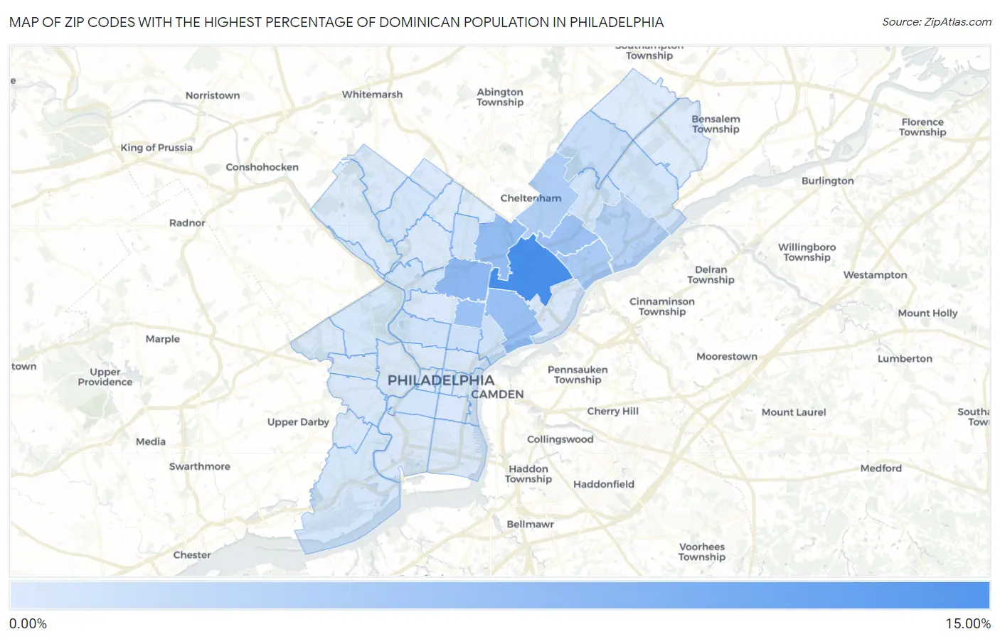 Zip Codes with the Highest Percentage of Dominican Population in Philadelphia Map