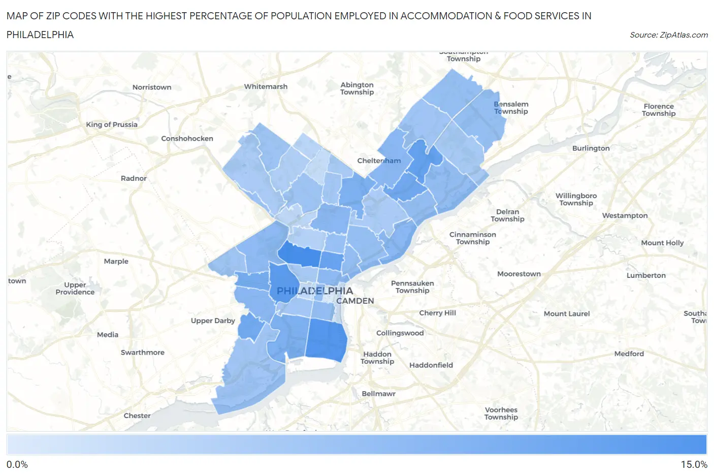 Zip Codes with the Highest Percentage of Population Employed in Accommodation & Food Services in Philadelphia Map