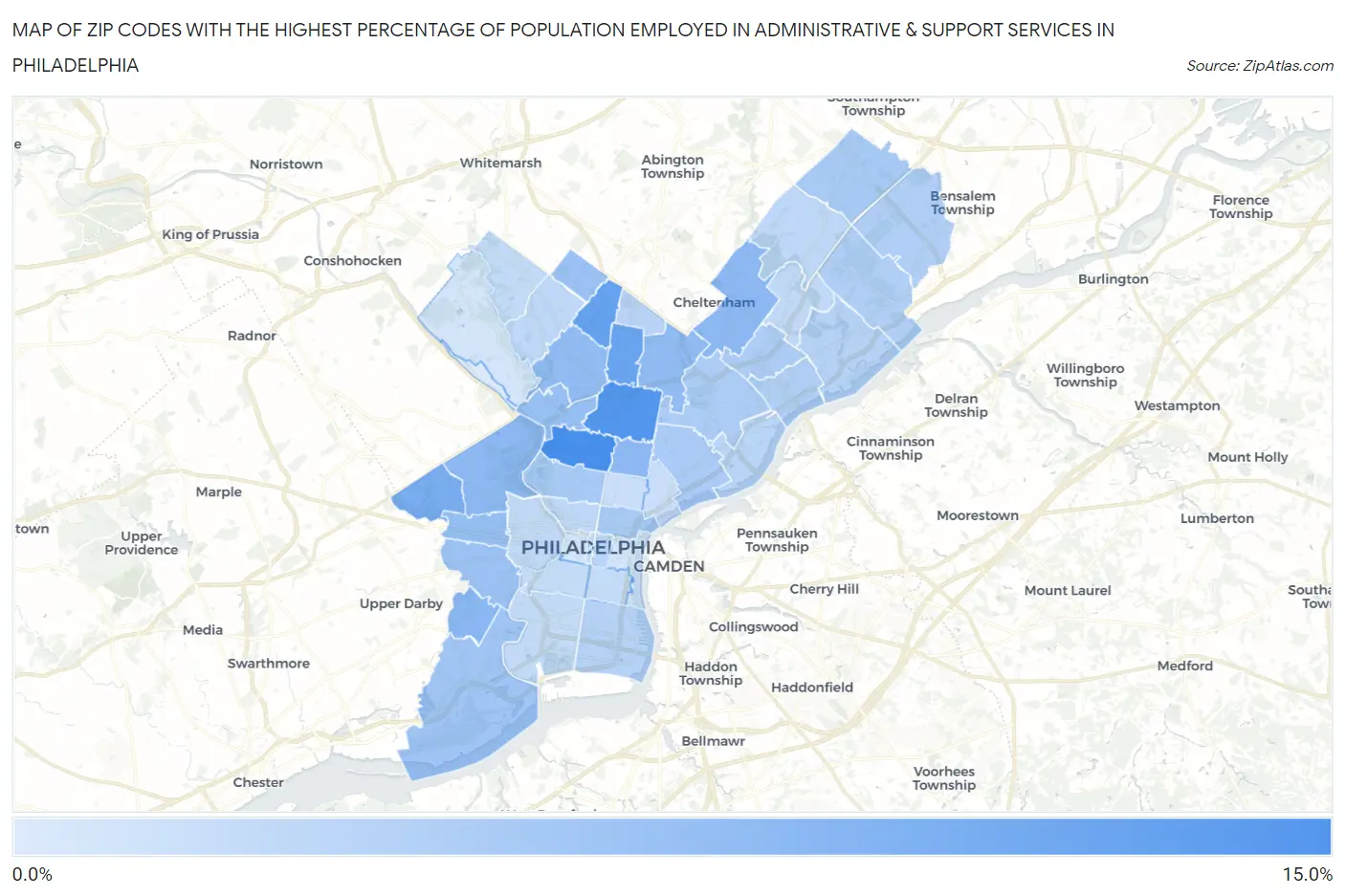 Zip Codes with the Highest Percentage of Population Employed in Administrative & Support Services in Philadelphia Map
