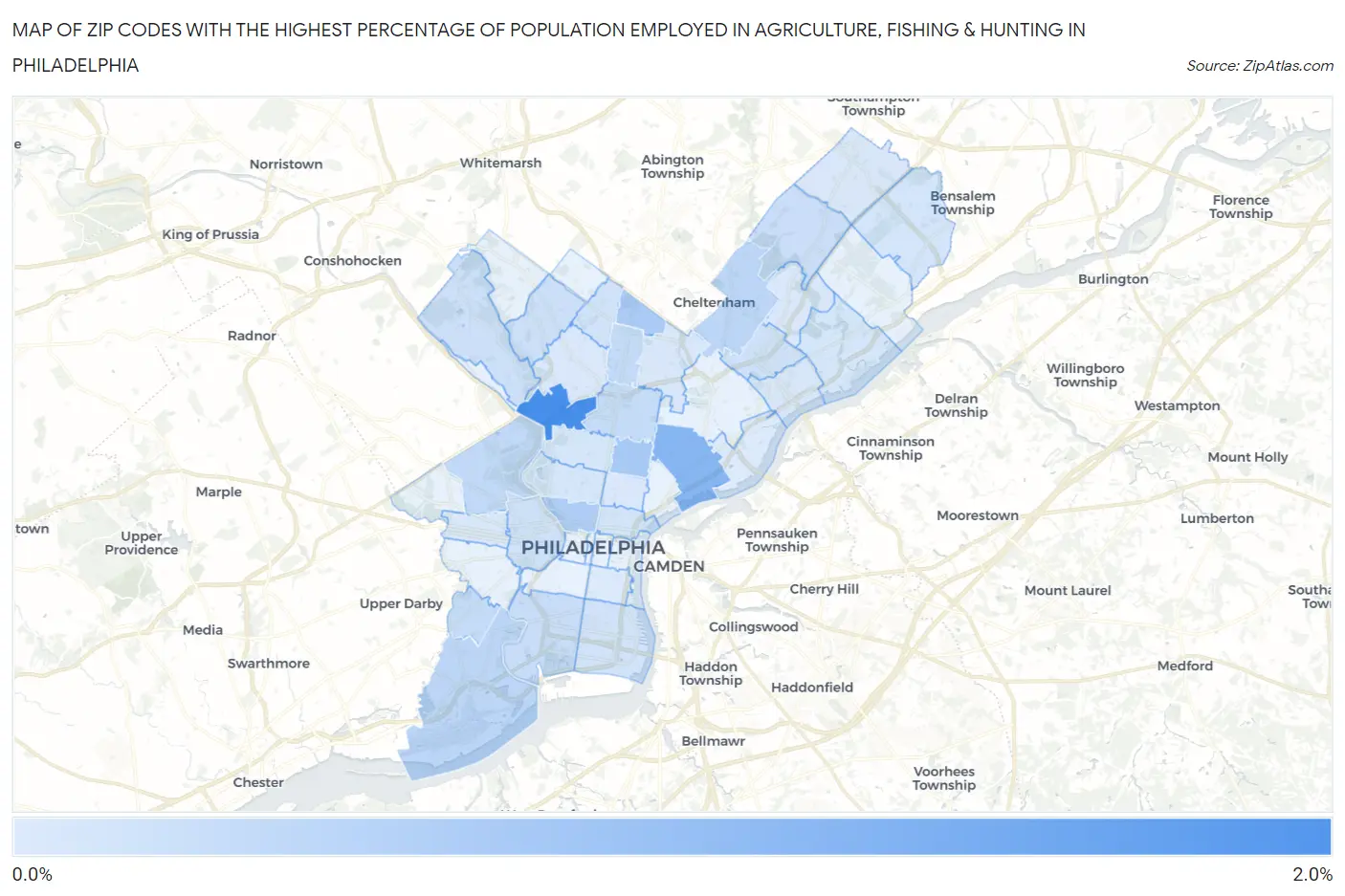 Zip Codes with the Highest Percentage of Population Employed in Agriculture, Fishing & Hunting in Philadelphia Map