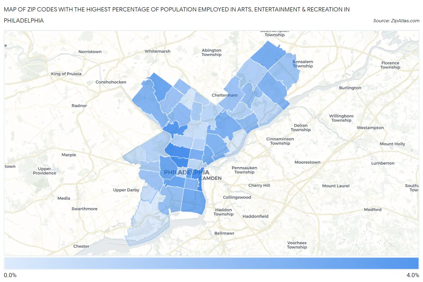 Zip Codes with the Highest Percentage of Population Employed in Arts, Entertainment & Recreation in Philadelphia Map