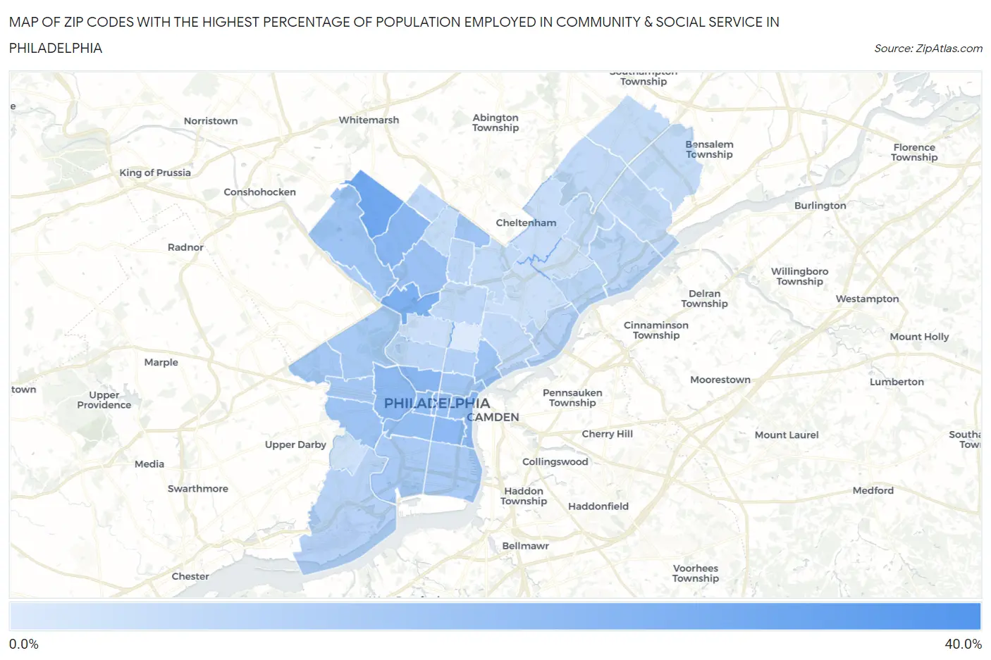 Zip Codes with the Highest Percentage of Population Employed in Community & Social Service  in Philadelphia Map