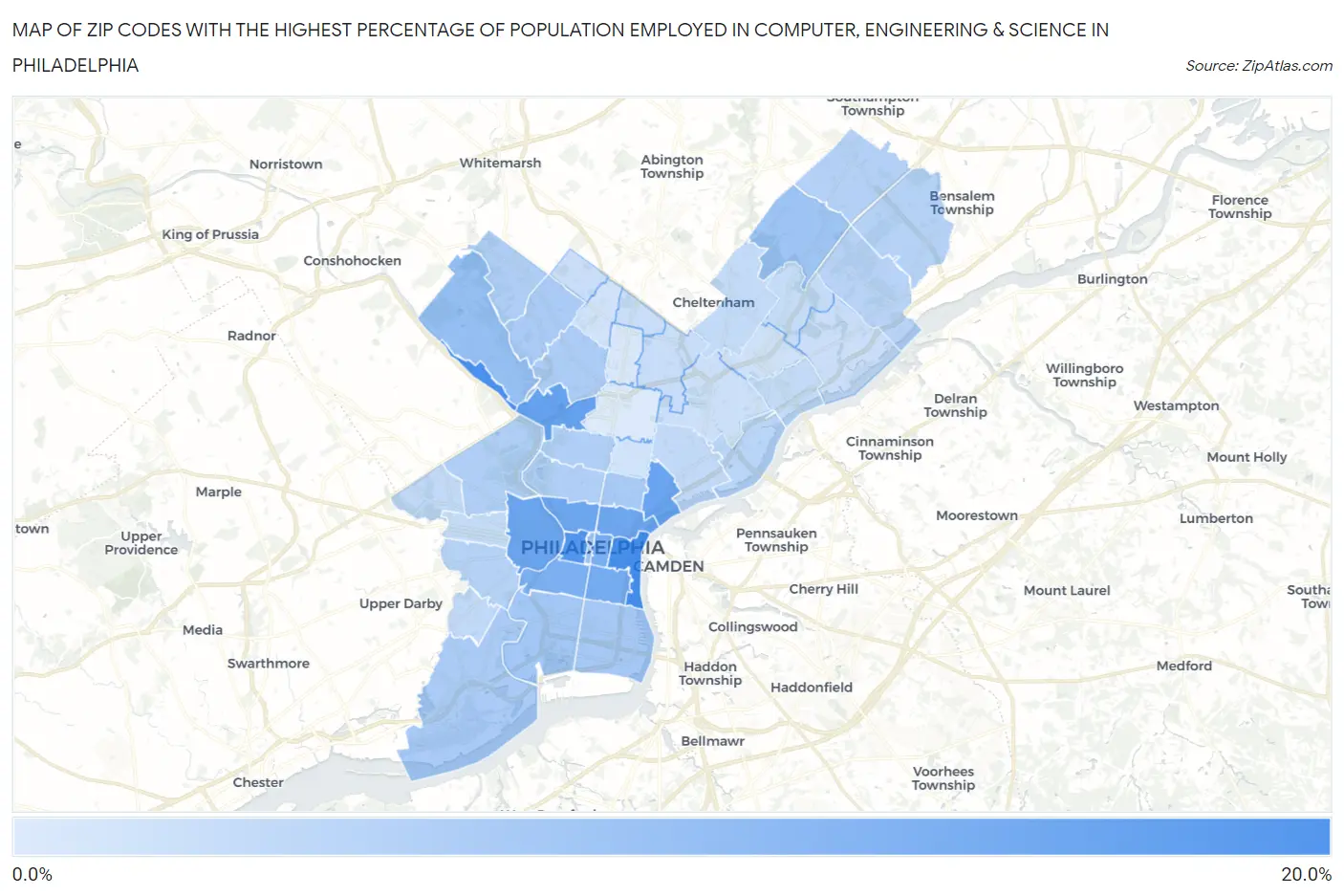 Zip Codes with the Highest Percentage of Population Employed in Computer, Engineering & Science in Philadelphia Map