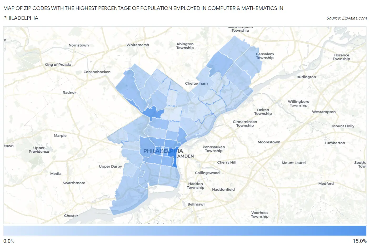 Zip Codes with the Highest Percentage of Population Employed in Computer & Mathematics in Philadelphia Map