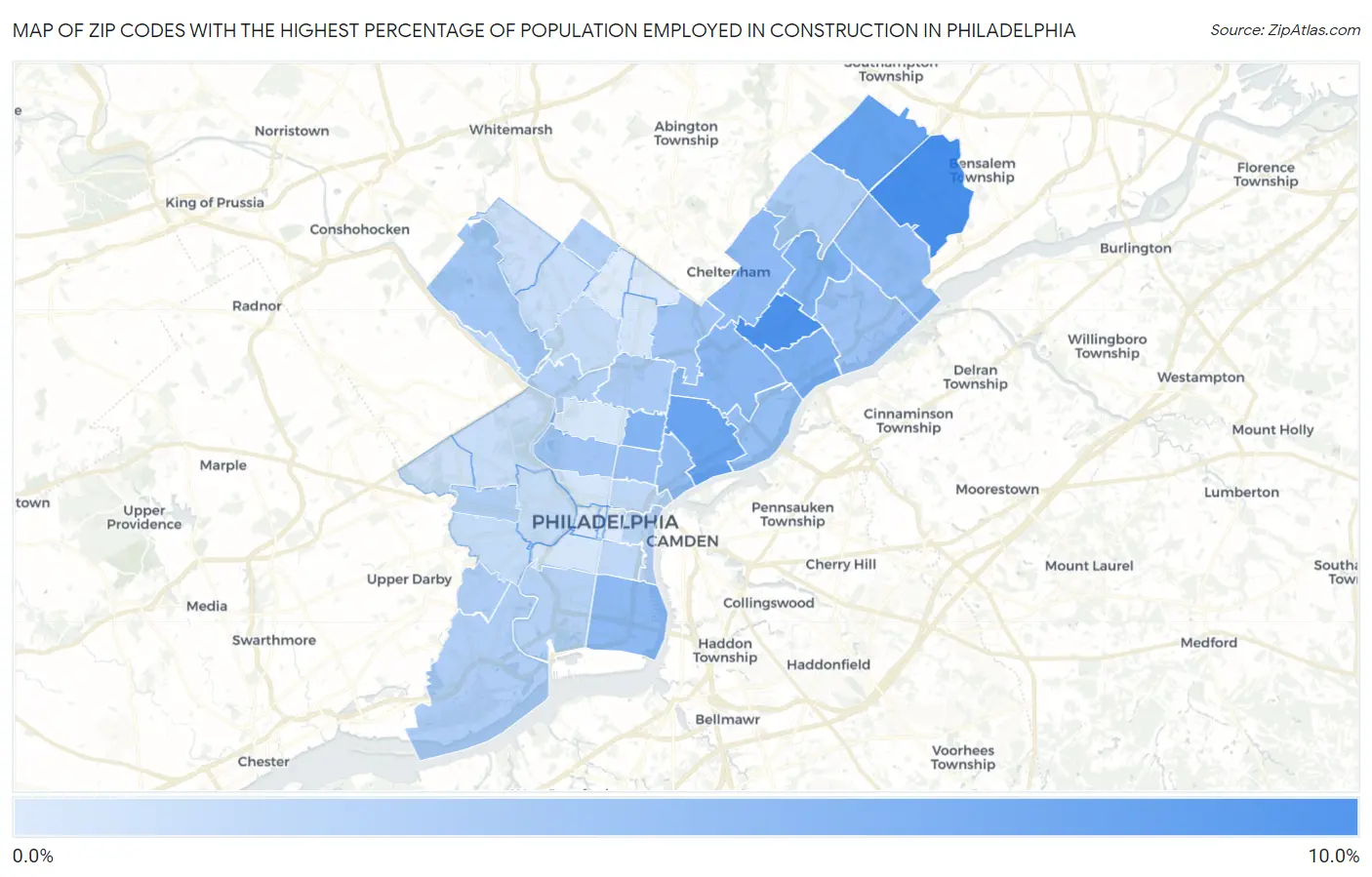 Zip Codes with the Highest Percentage of Population Employed in Construction in Philadelphia Map