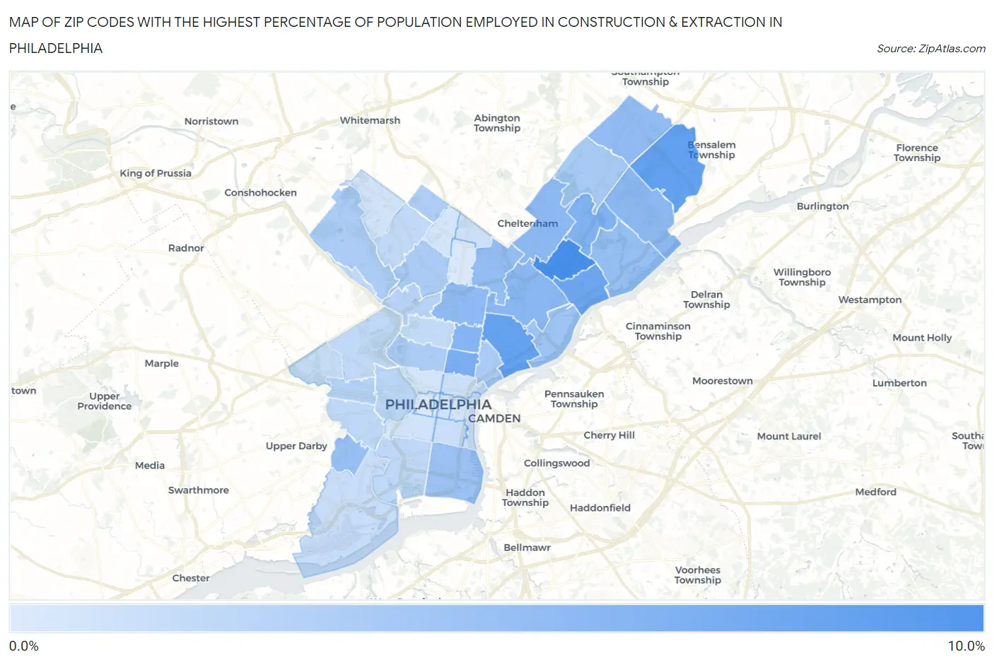 Zip Codes with the Highest Percentage of Population Employed in Construction & Extraction in Philadelphia Map