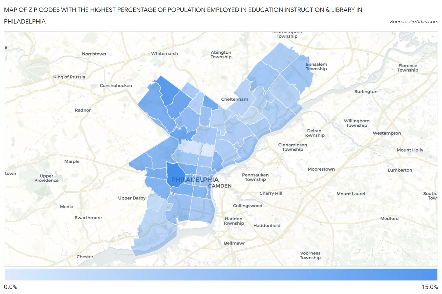 Zip Codes with the Highest Percentage of Population Employed in Education Instruction & Library in Philadelphia Map