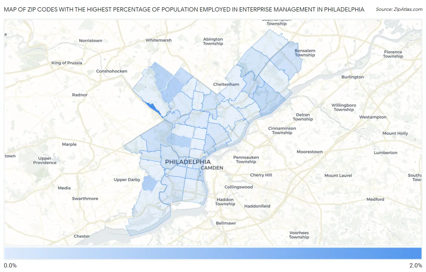 Zip Codes with the Highest Percentage of Population Employed in Enterprise Management in Philadelphia Map