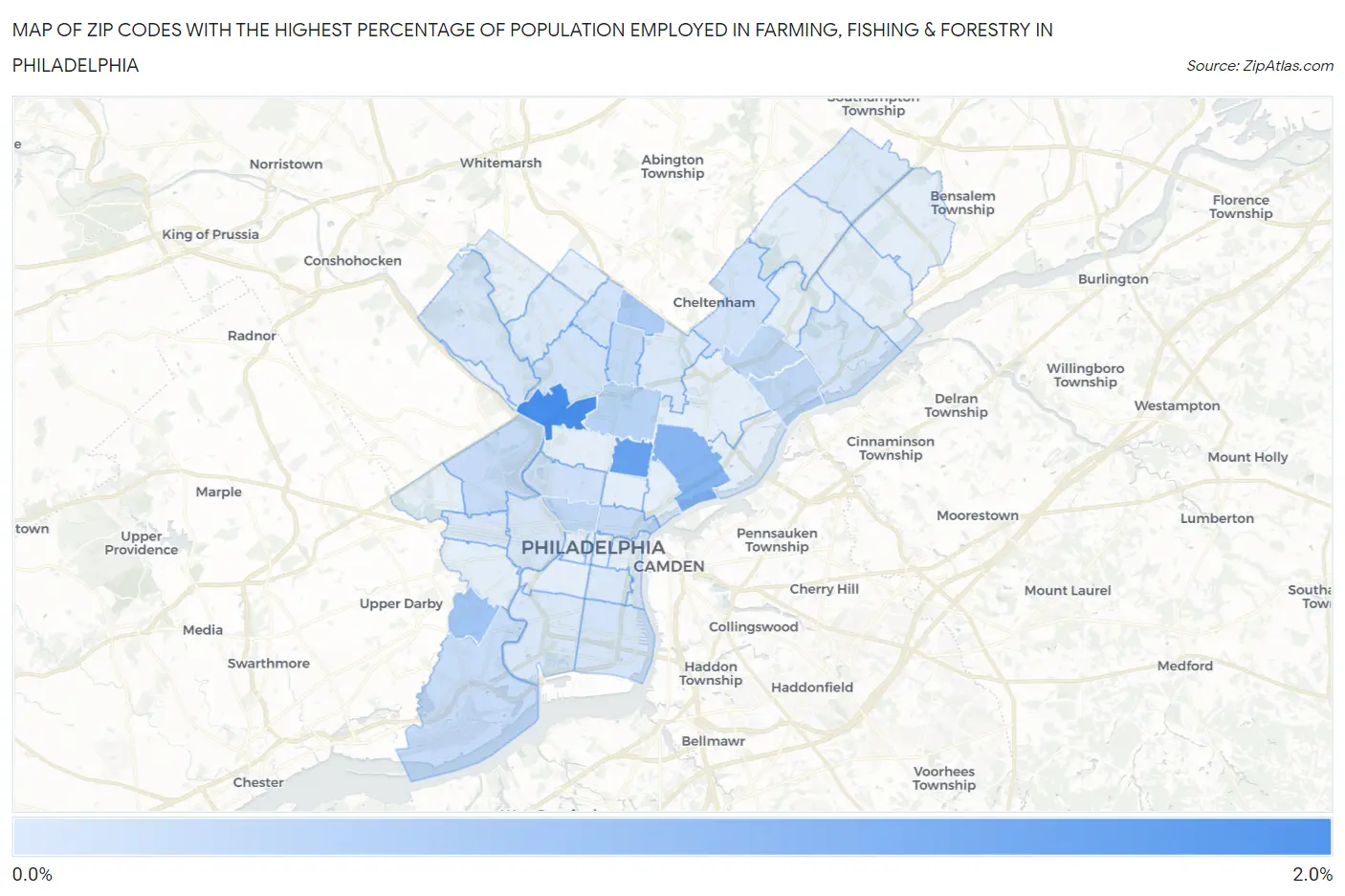 Zip Codes with the Highest Percentage of Population Employed in Farming, Fishing & Forestry in Philadelphia Map