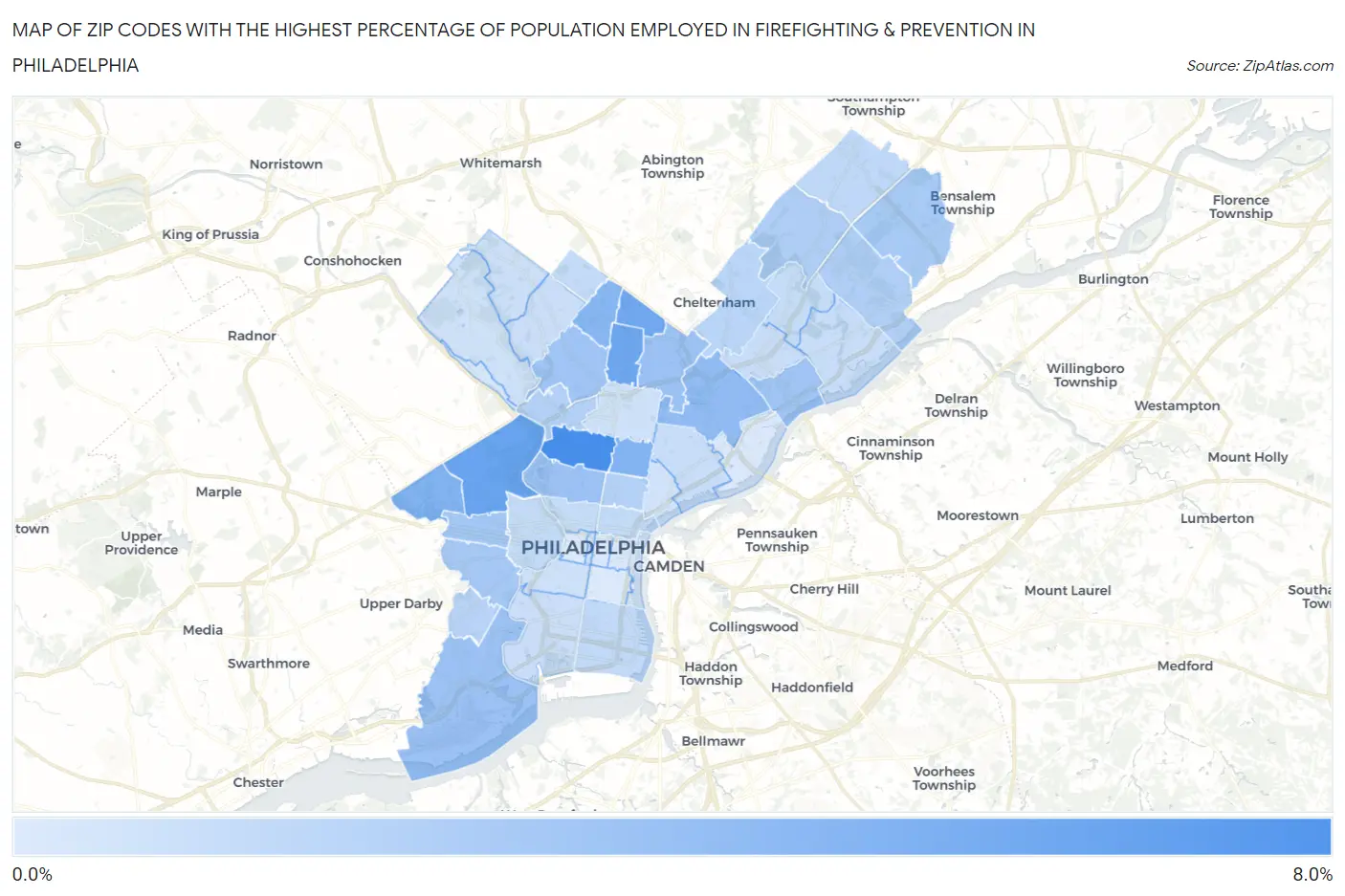 Zip Codes with the Highest Percentage of Population Employed in Firefighting & Prevention in Philadelphia Map