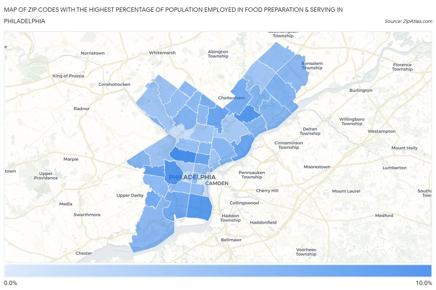 Zip Codes with the Highest Percentage of Population Employed in Food Preparation & Serving in Philadelphia Map