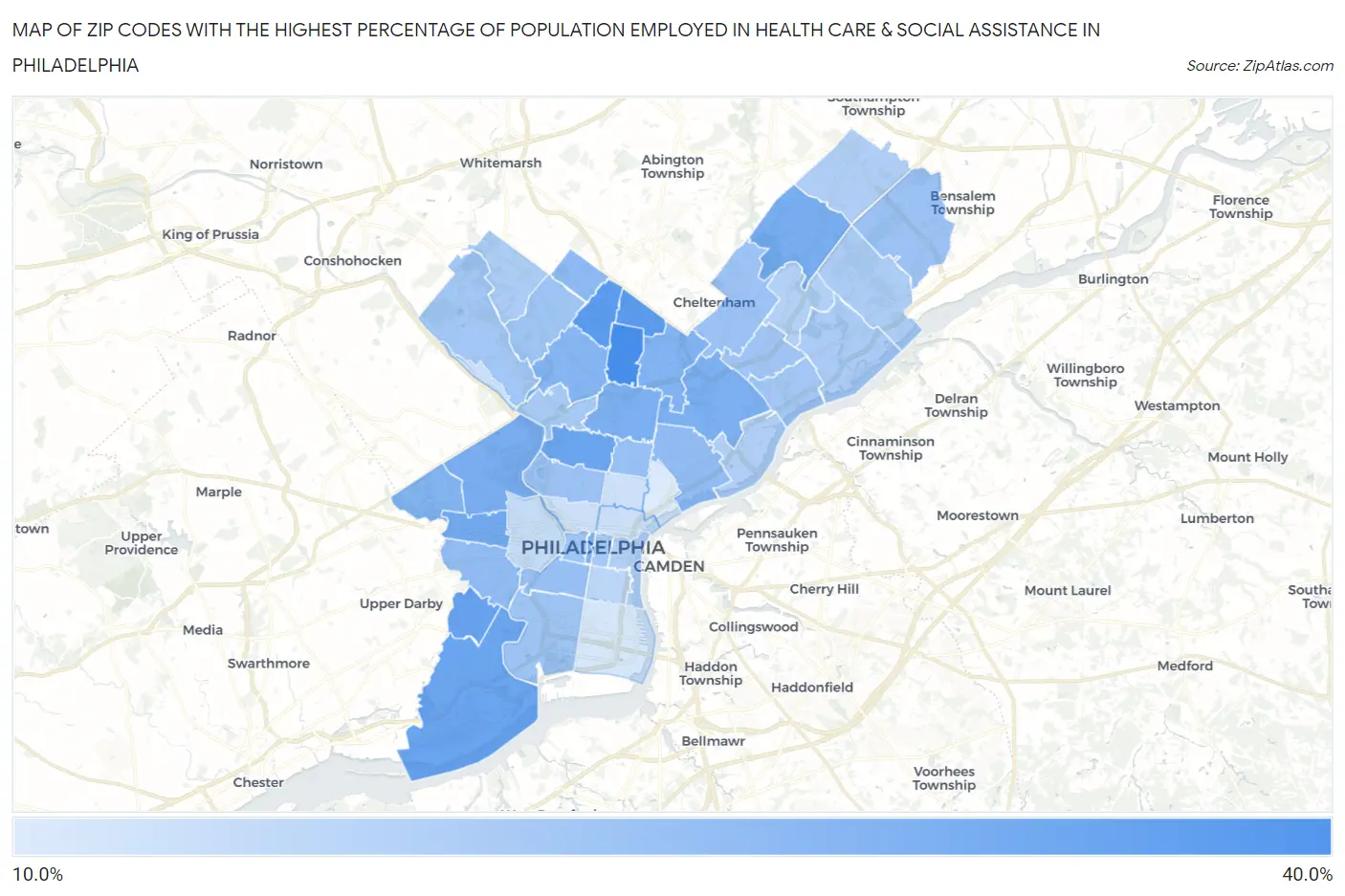 Zip Codes with the Highest Percentage of Population Employed in Health Care & Social Assistance in Philadelphia Map