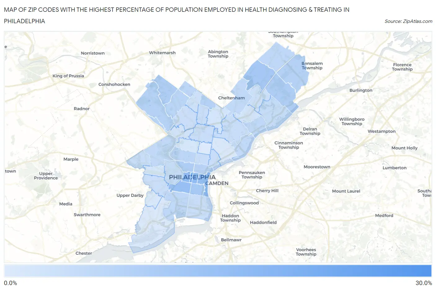 Zip Codes with the Highest Percentage of Population Employed in Health Diagnosing & Treating in Philadelphia Map