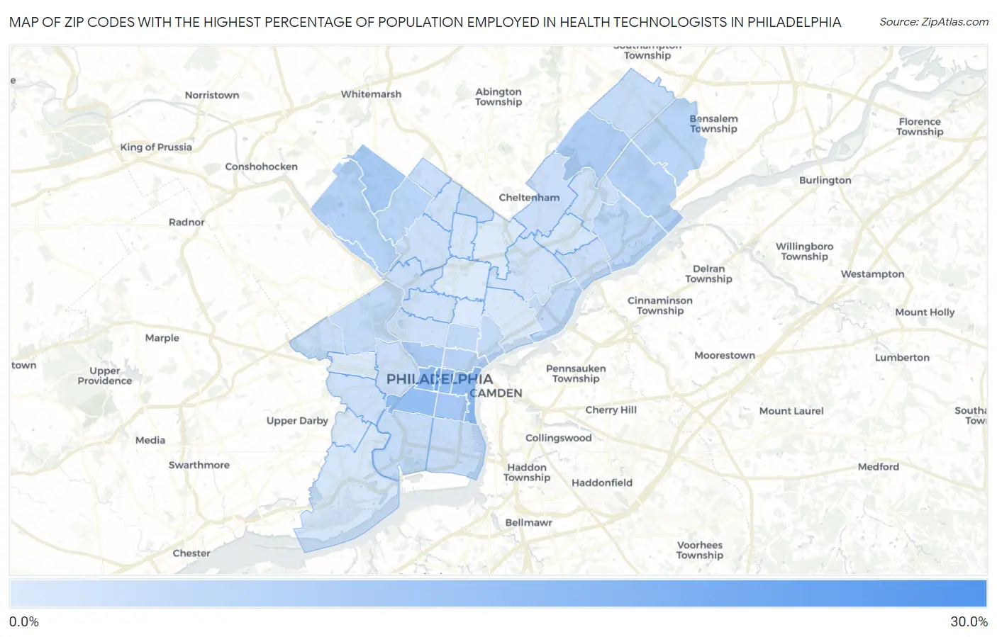 Zip Codes with the Highest Percentage of Population Employed in Health Technologists in Philadelphia Map