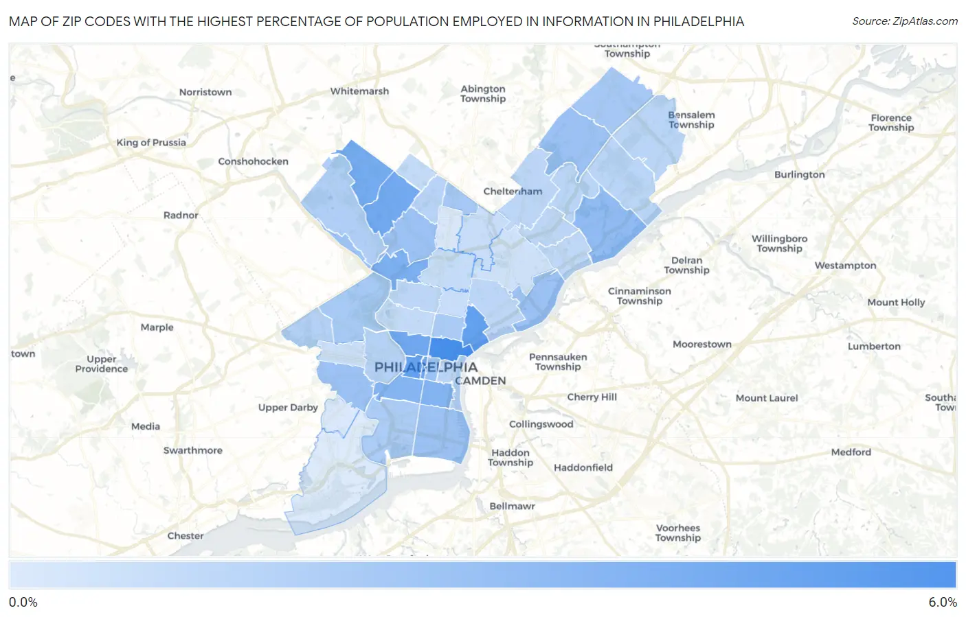 Zip Codes with the Highest Percentage of Population Employed in Information in Philadelphia Map