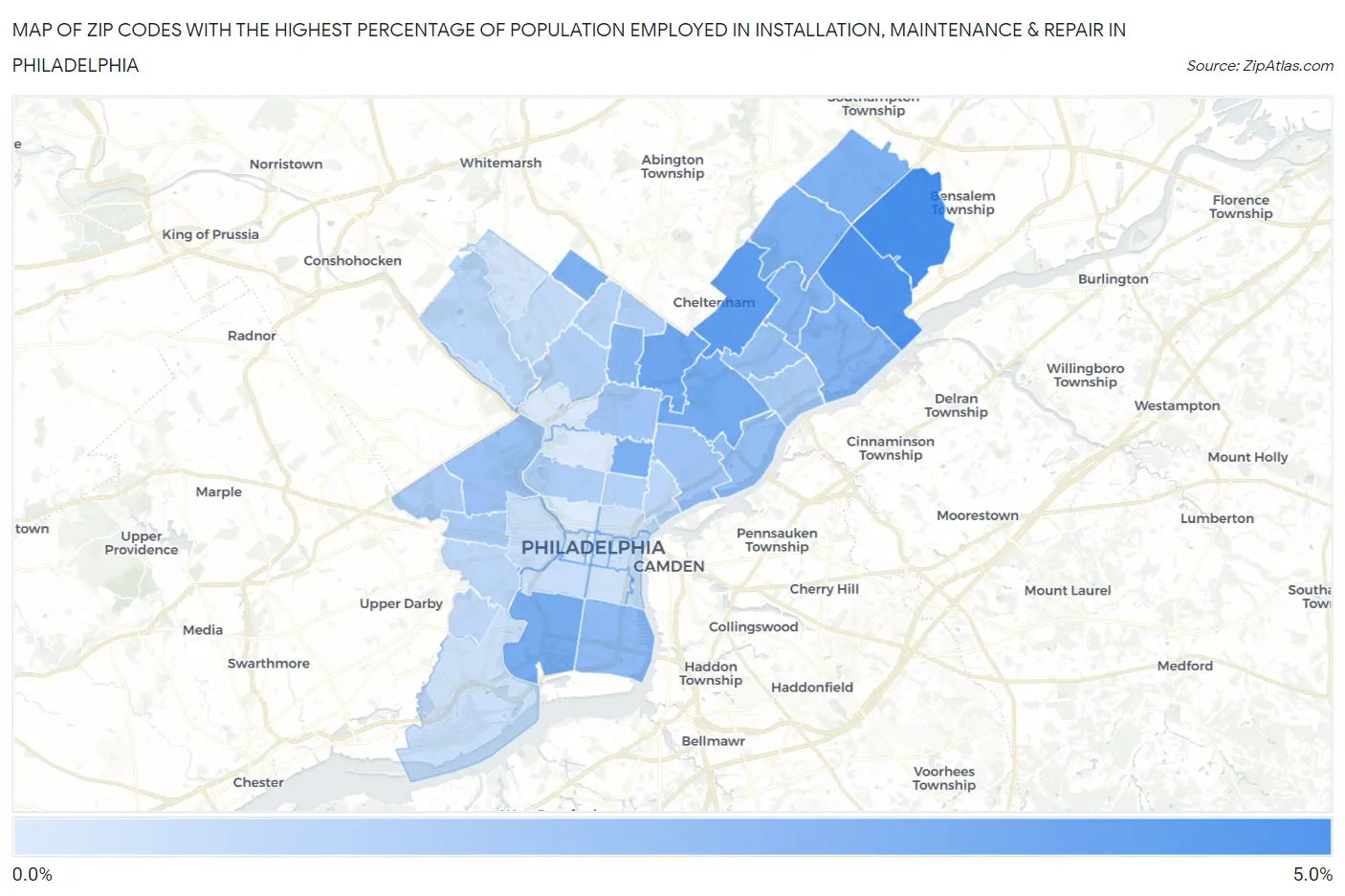 Zip Codes with the Highest Percentage of Population Employed in Installation, Maintenance & Repair in Philadelphia Map