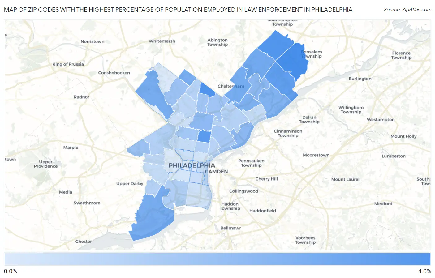 Zip Codes with the Highest Percentage of Population Employed in Law Enforcement in Philadelphia Map