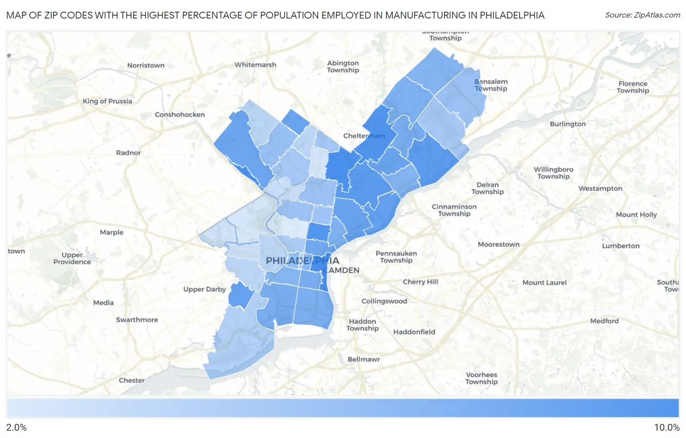 Zip Codes with the Highest Percentage of Population Employed in Manufacturing in Philadelphia Map