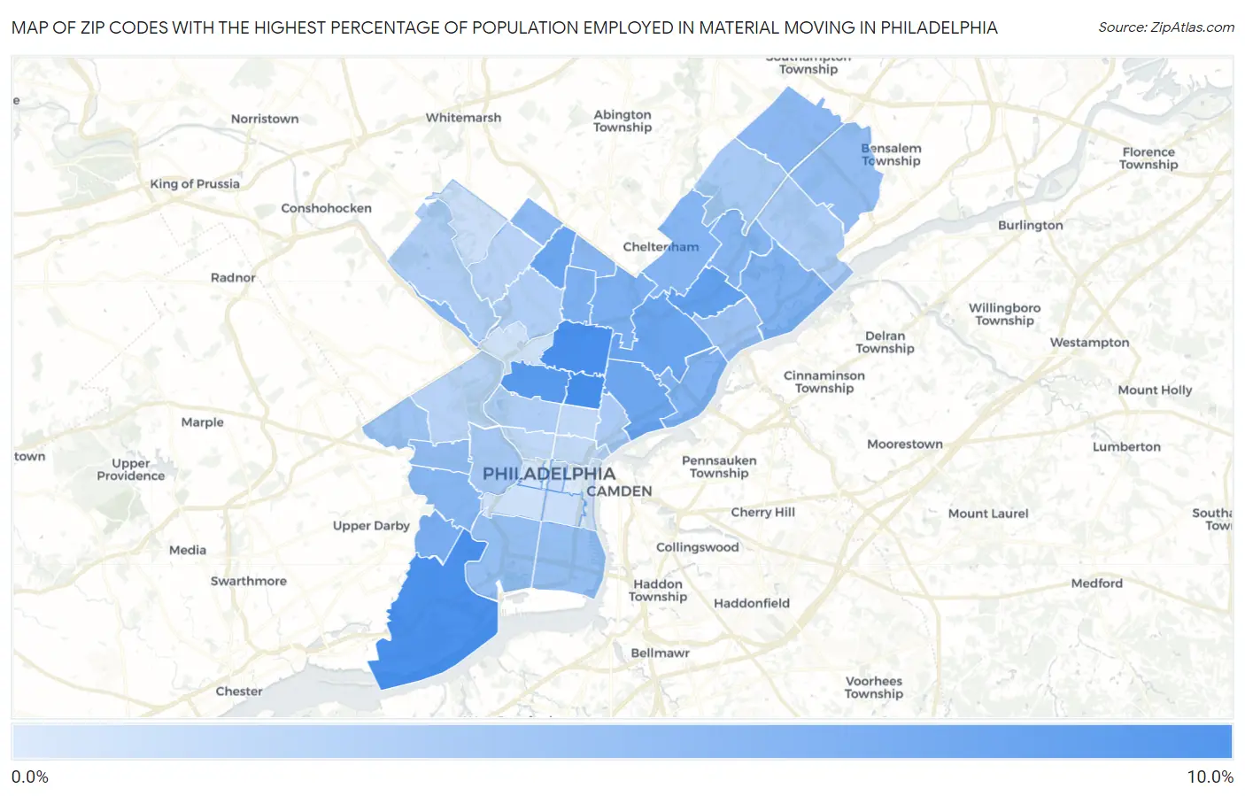 Zip Codes with the Highest Percentage of Population Employed in Material Moving in Philadelphia Map