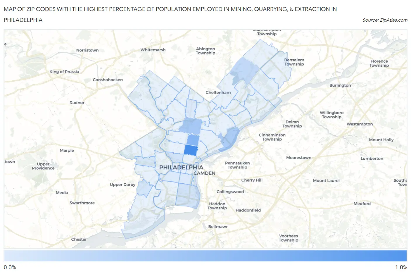 Zip Codes with the Highest Percentage of Population Employed in Mining, Quarrying, & Extraction in Philadelphia Map