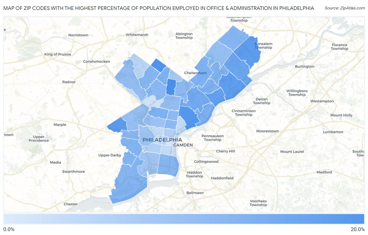 Zip Codes with the Highest Percentage of Population Employed in Office & Administration in Philadelphia Map