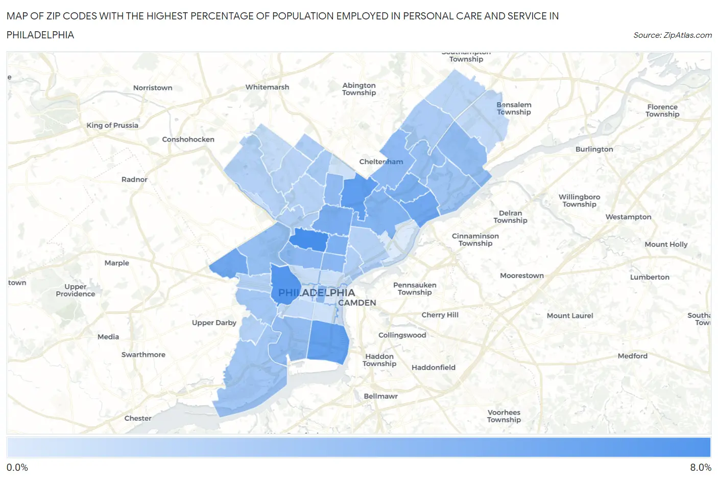 Zip Codes with the Highest Percentage of Population Employed in Personal Care and Service in Philadelphia Map