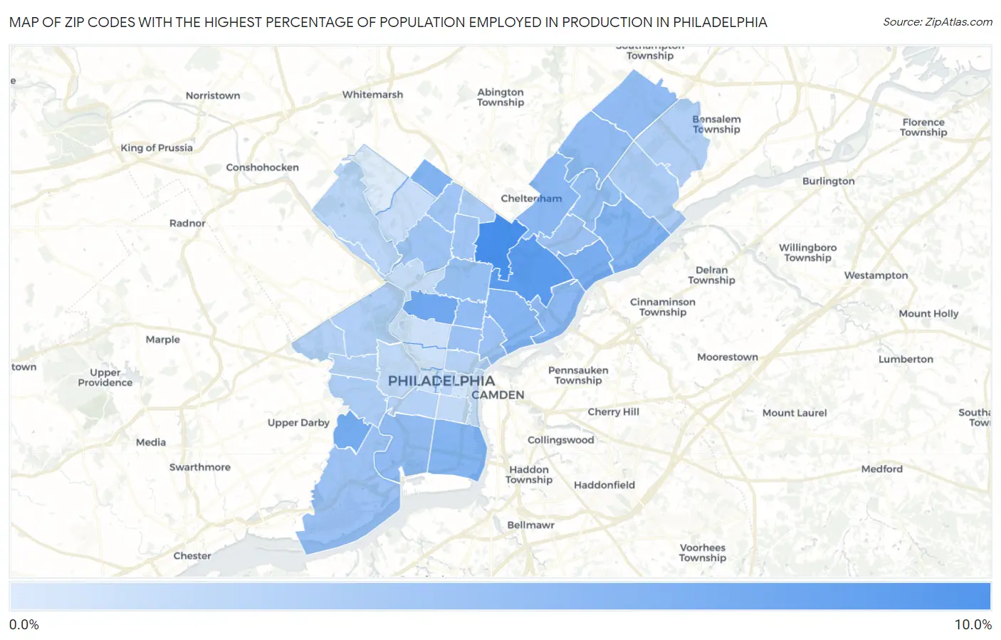 Zip Codes with the Highest Percentage of Population Employed in Production in Philadelphia Map