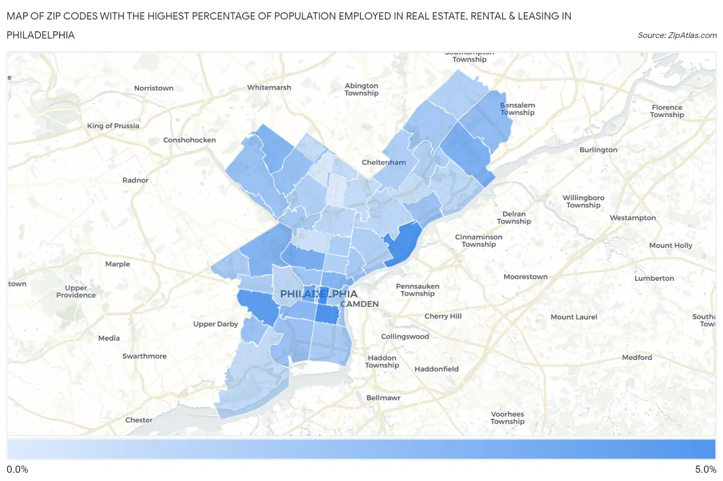 Zip Codes with the Highest Percentage of Population Employed in Real Estate, Rental & Leasing in Philadelphia Map