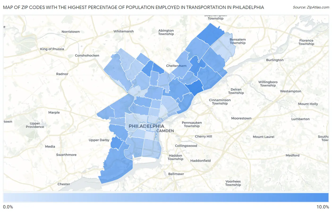 Zip Codes with the Highest Percentage of Population Employed in Transportation in Philadelphia Map