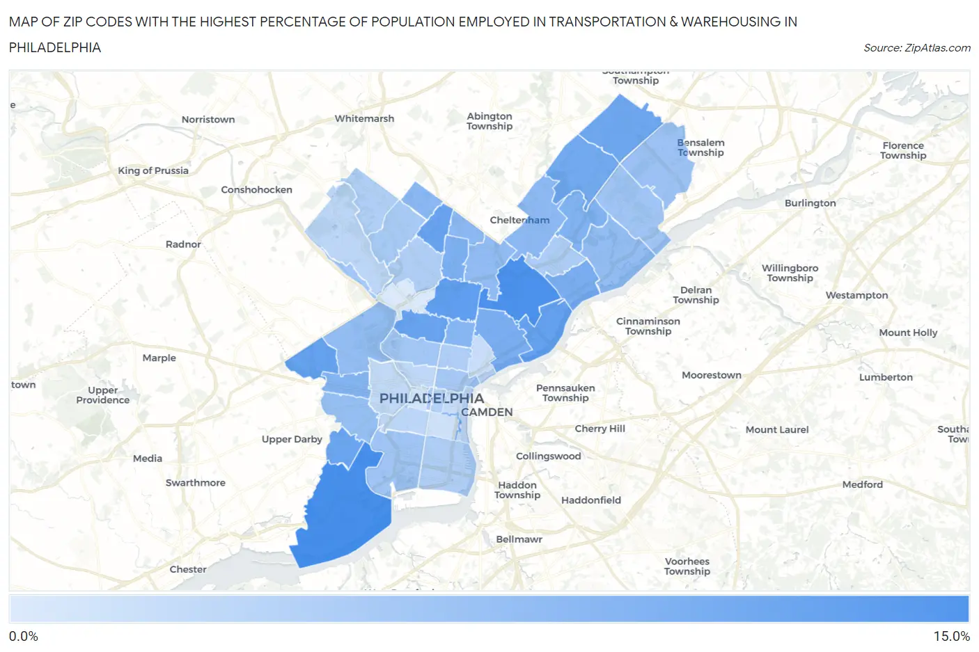 Zip Codes with the Highest Percentage of Population Employed in Transportation & Warehousing in Philadelphia Map
