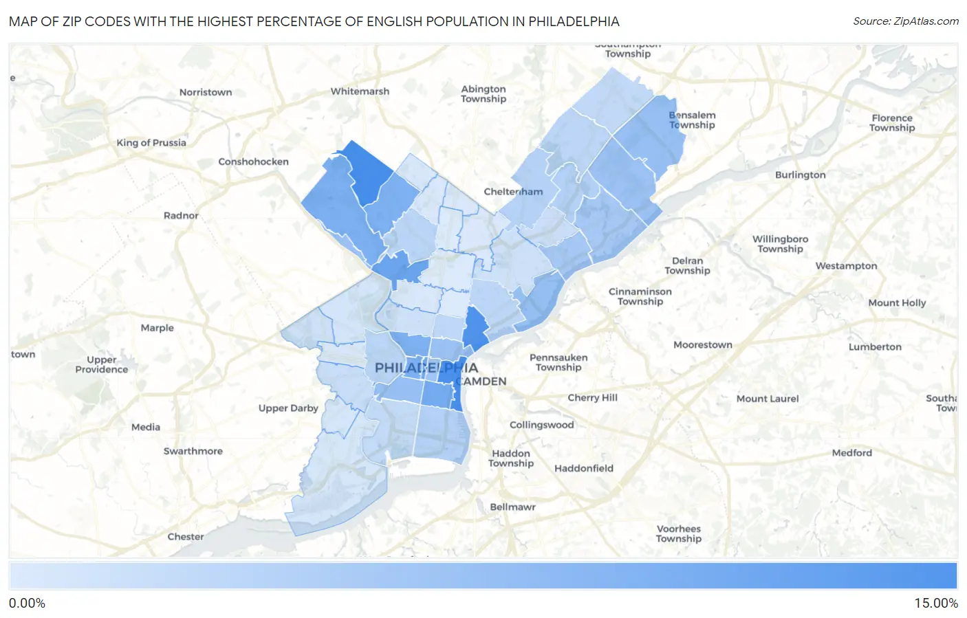 Zip Codes with the Highest Percentage of English Population in Philadelphia Map