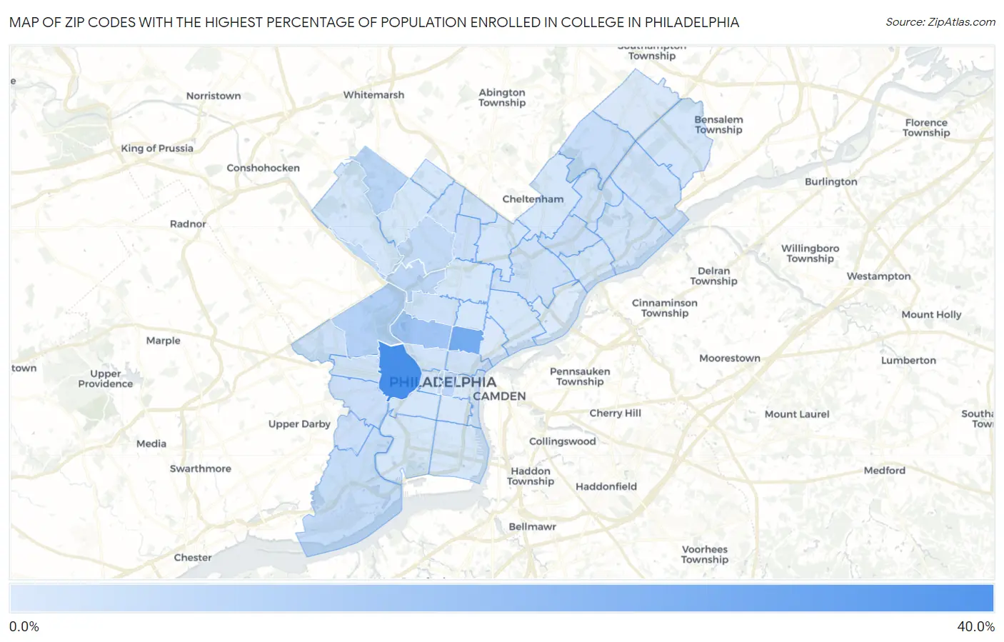Zip Codes with the Highest Percentage of Population Enrolled in College in Philadelphia Map