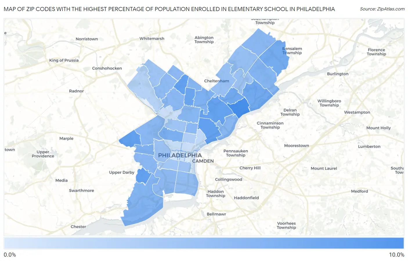 Zip Codes with the Highest Percentage of Population Enrolled in Elementary School in Philadelphia Map