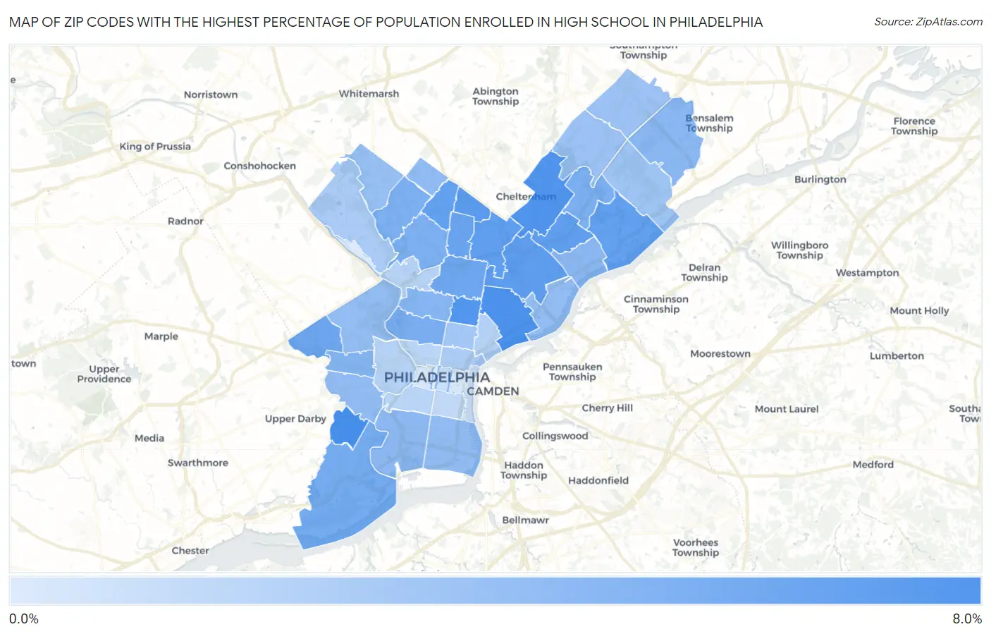 Zip Codes with the Highest Percentage of Population Enrolled in High School in Philadelphia Map