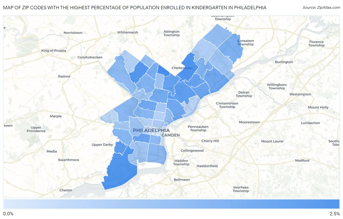 Zip Codes with the Highest Percentage of Population Enrolled in Kindergarten in Philadelphia Map