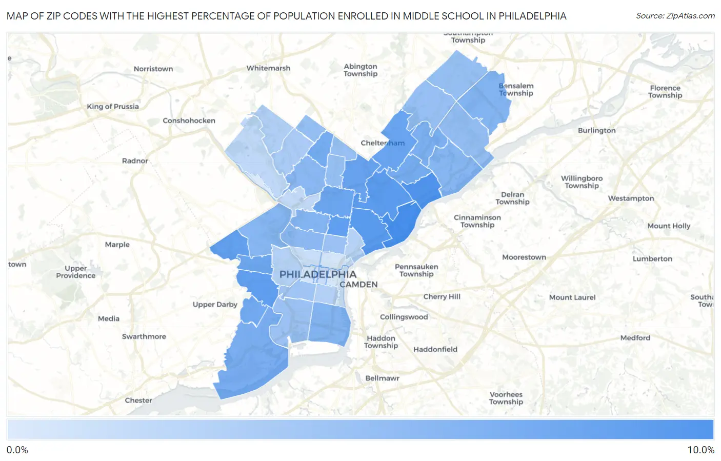Zip Codes with the Highest Percentage of Population Enrolled in Middle School in Philadelphia Map