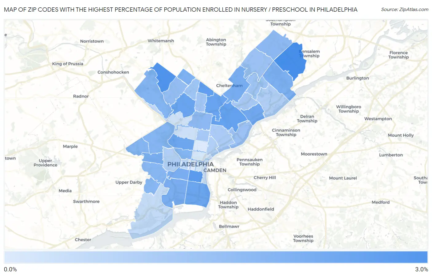 Zip Codes with the Highest Percentage of Population Enrolled in Nursery / Preschool in Philadelphia Map