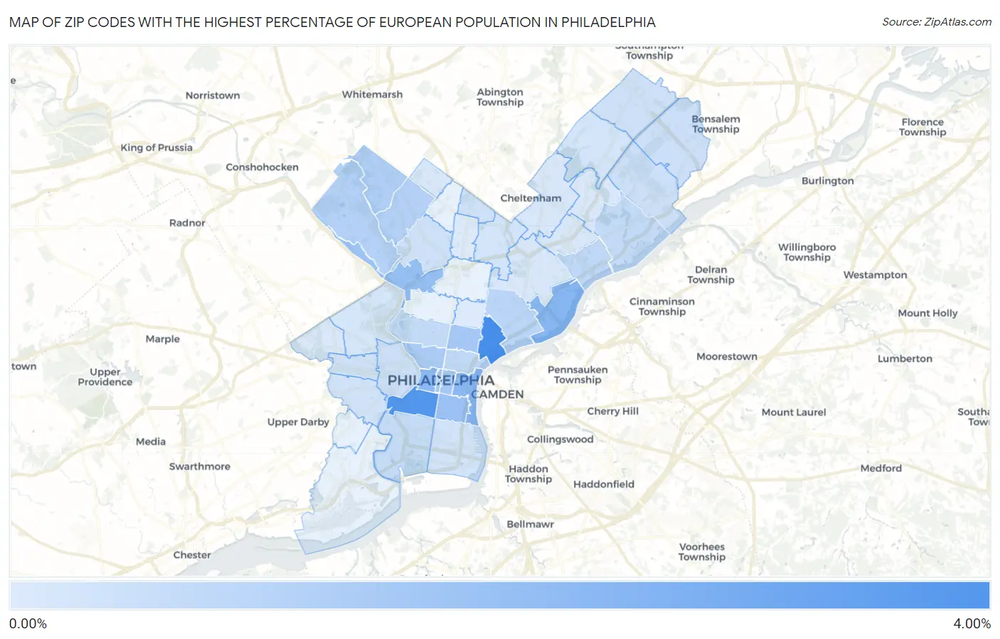 Zip Codes with the Highest Percentage of European Population in Philadelphia Map