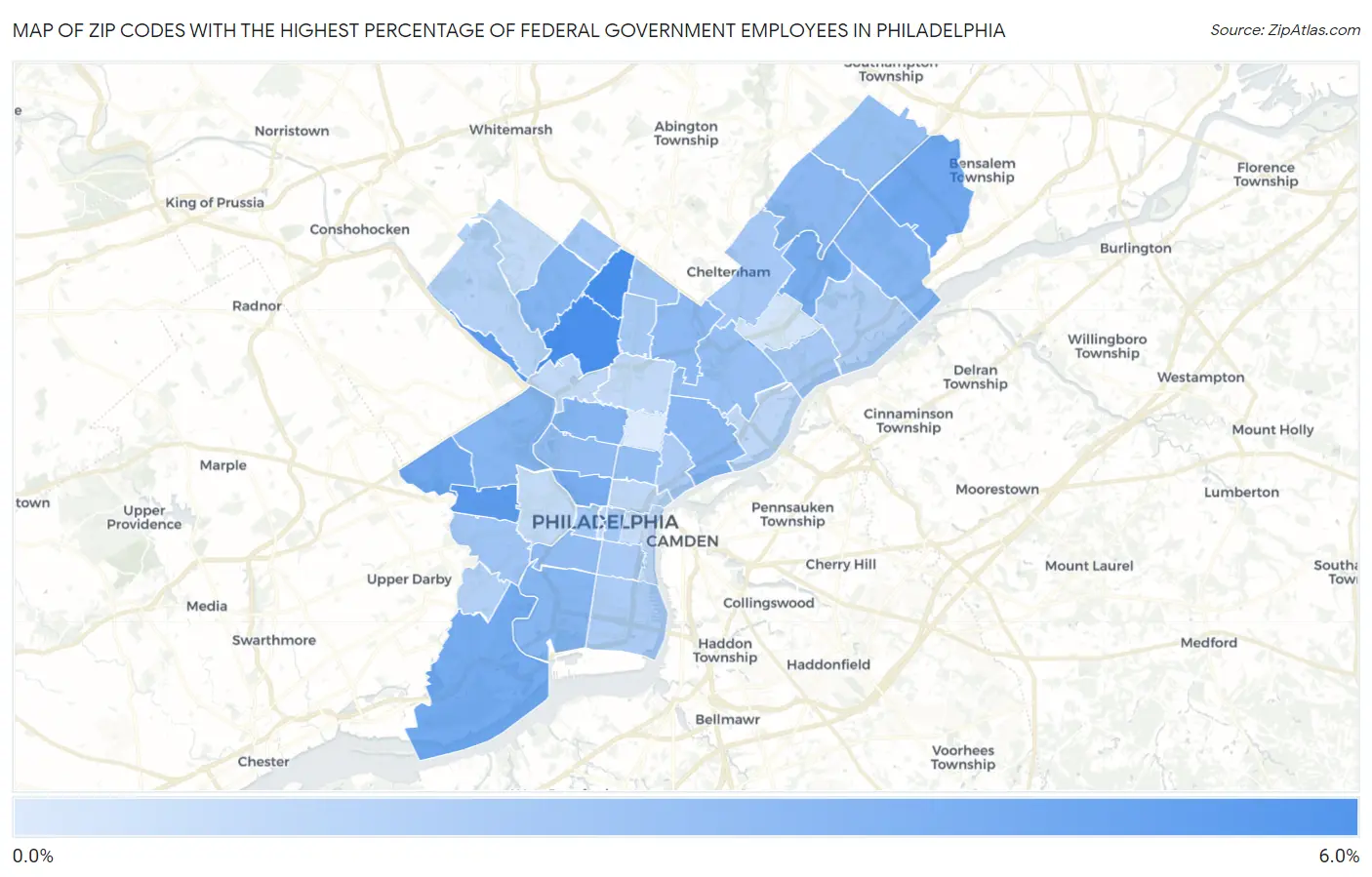 Zip Codes with the Highest Percentage of Federal Government Employees in Philadelphia Map