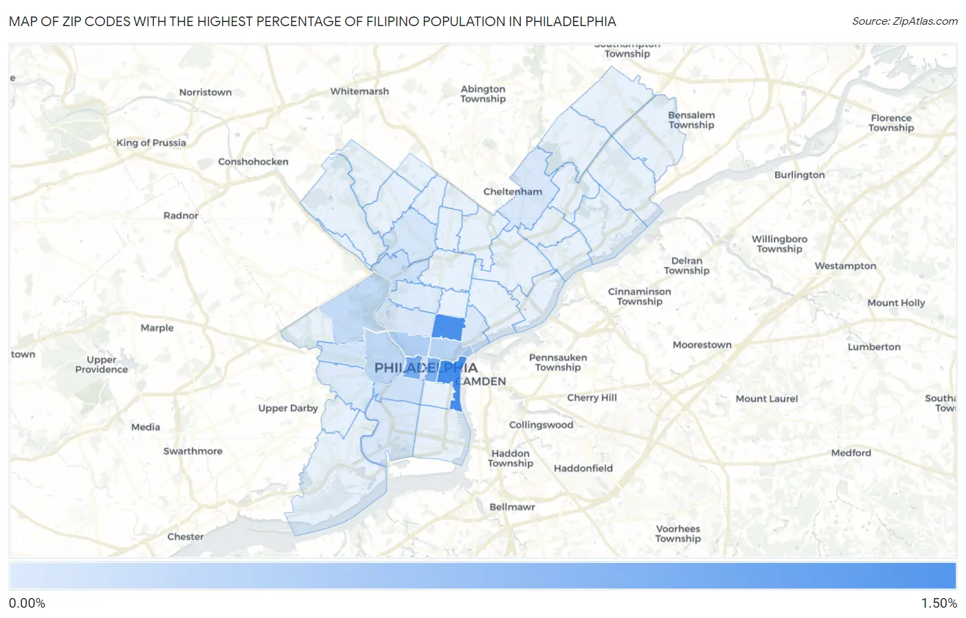 Zip Codes with the Highest Percentage of Filipino Population in Philadelphia Map
