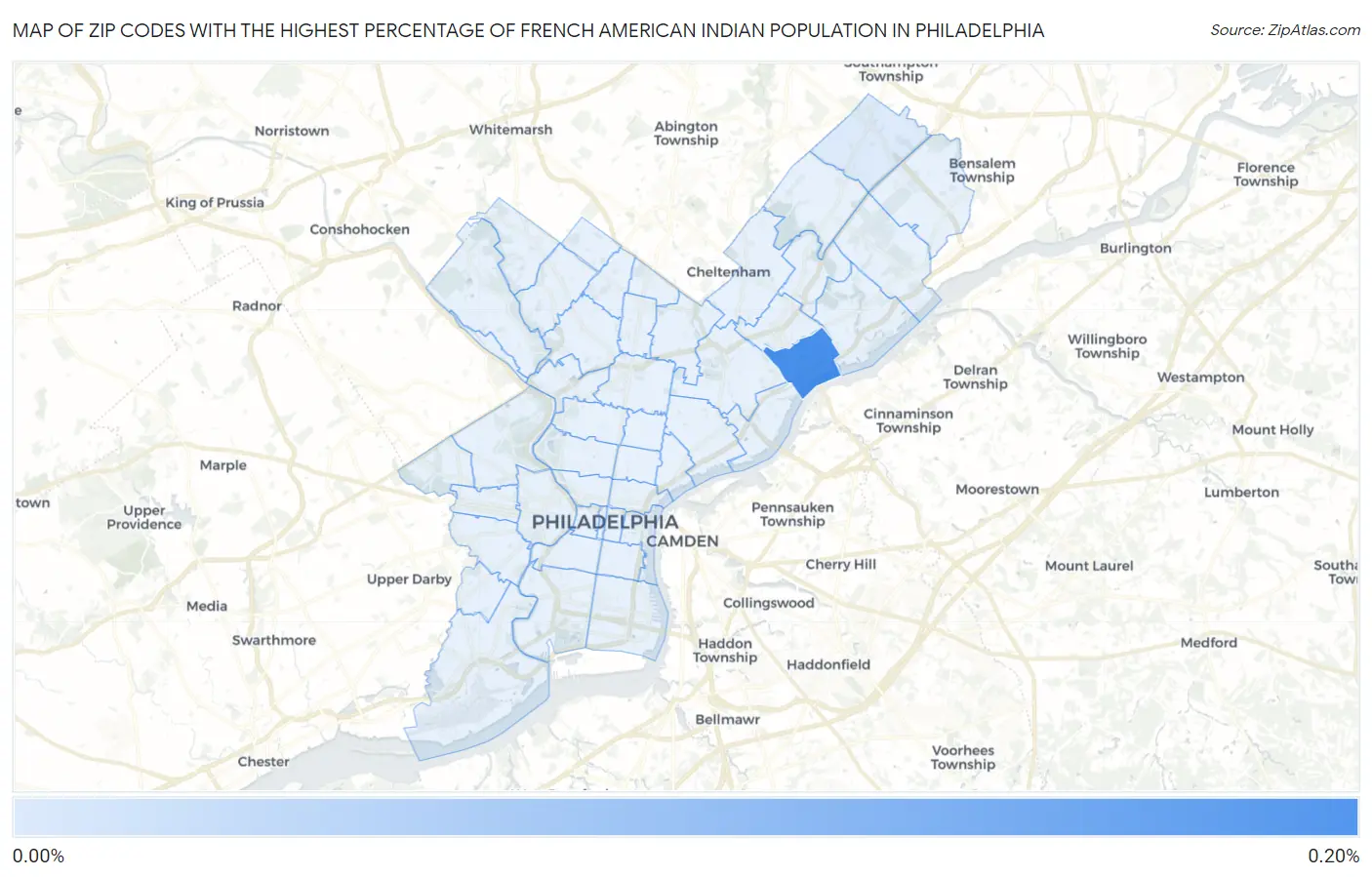 Zip Codes with the Highest Percentage of French American Indian Population in Philadelphia Map