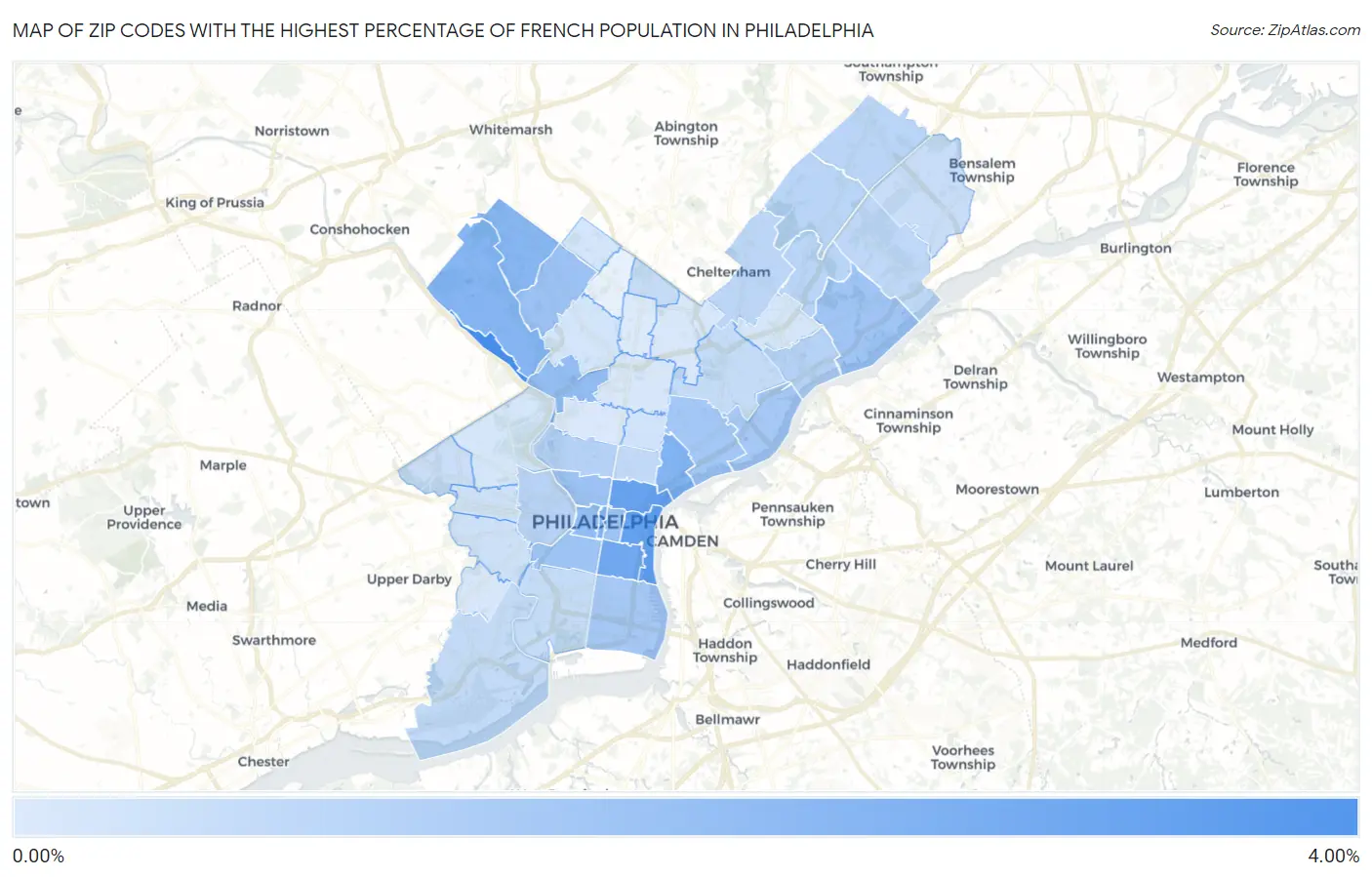Zip Codes with the Highest Percentage of French Population in Philadelphia Map