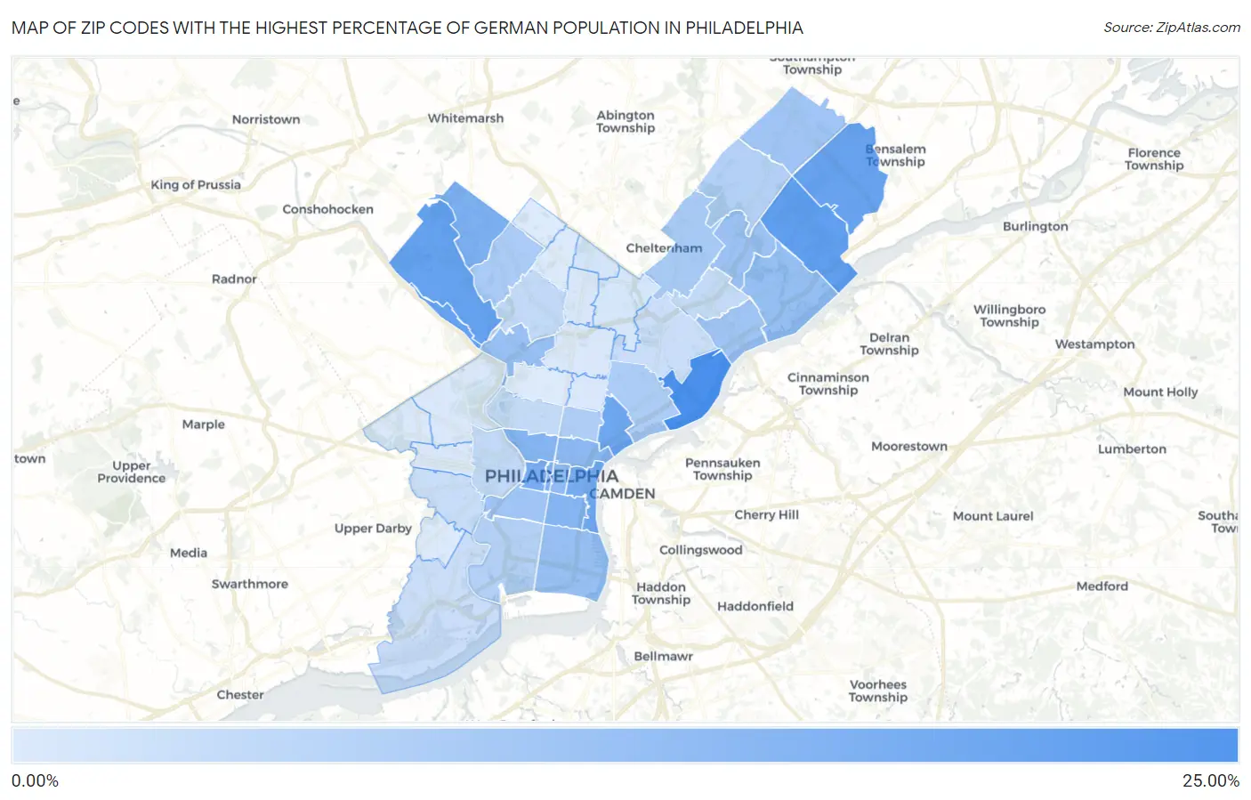 Zip Codes with the Highest Percentage of German Population in Philadelphia Map