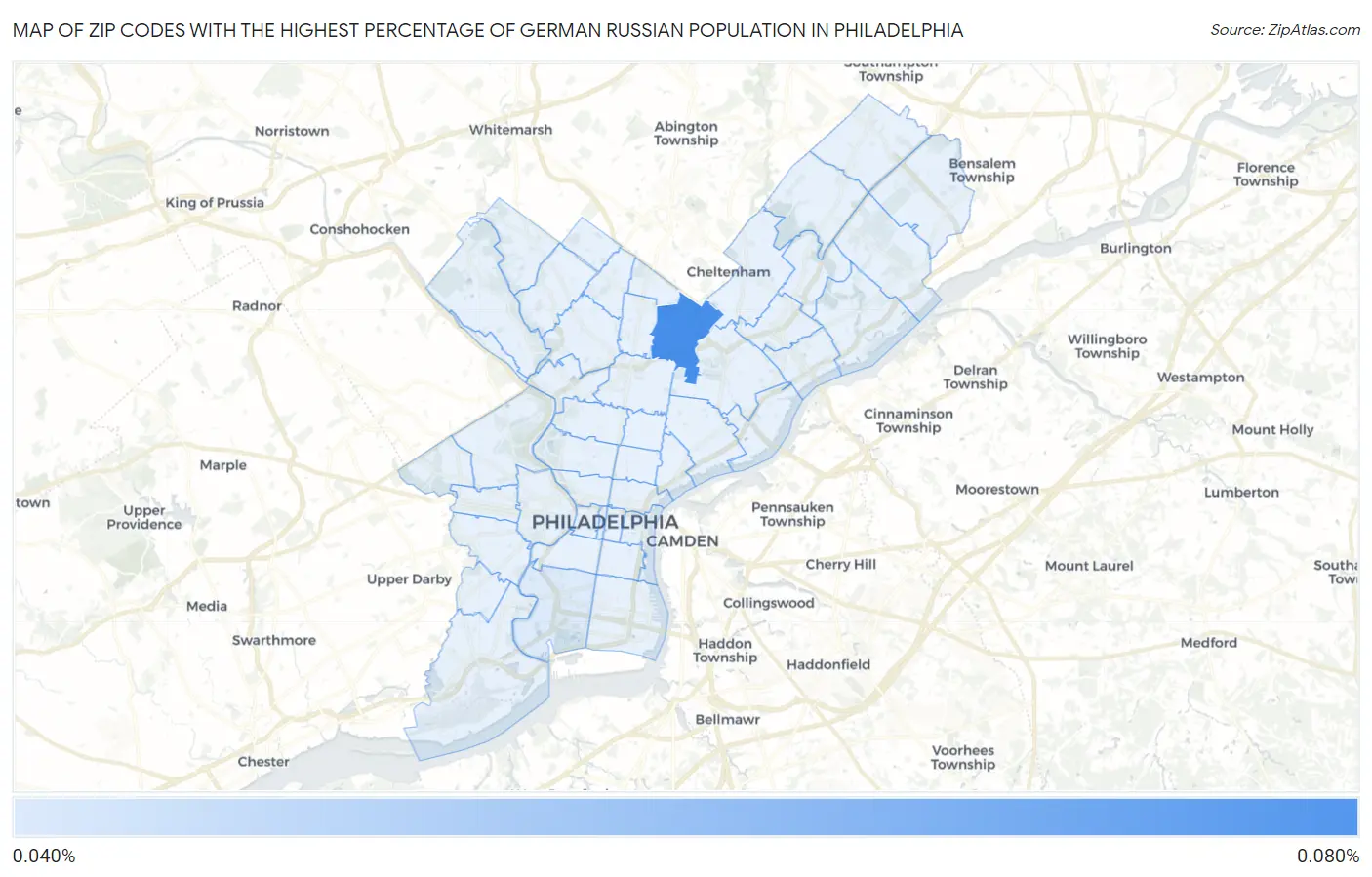 Zip Codes with the Highest Percentage of German Russian Population in Philadelphia Map
