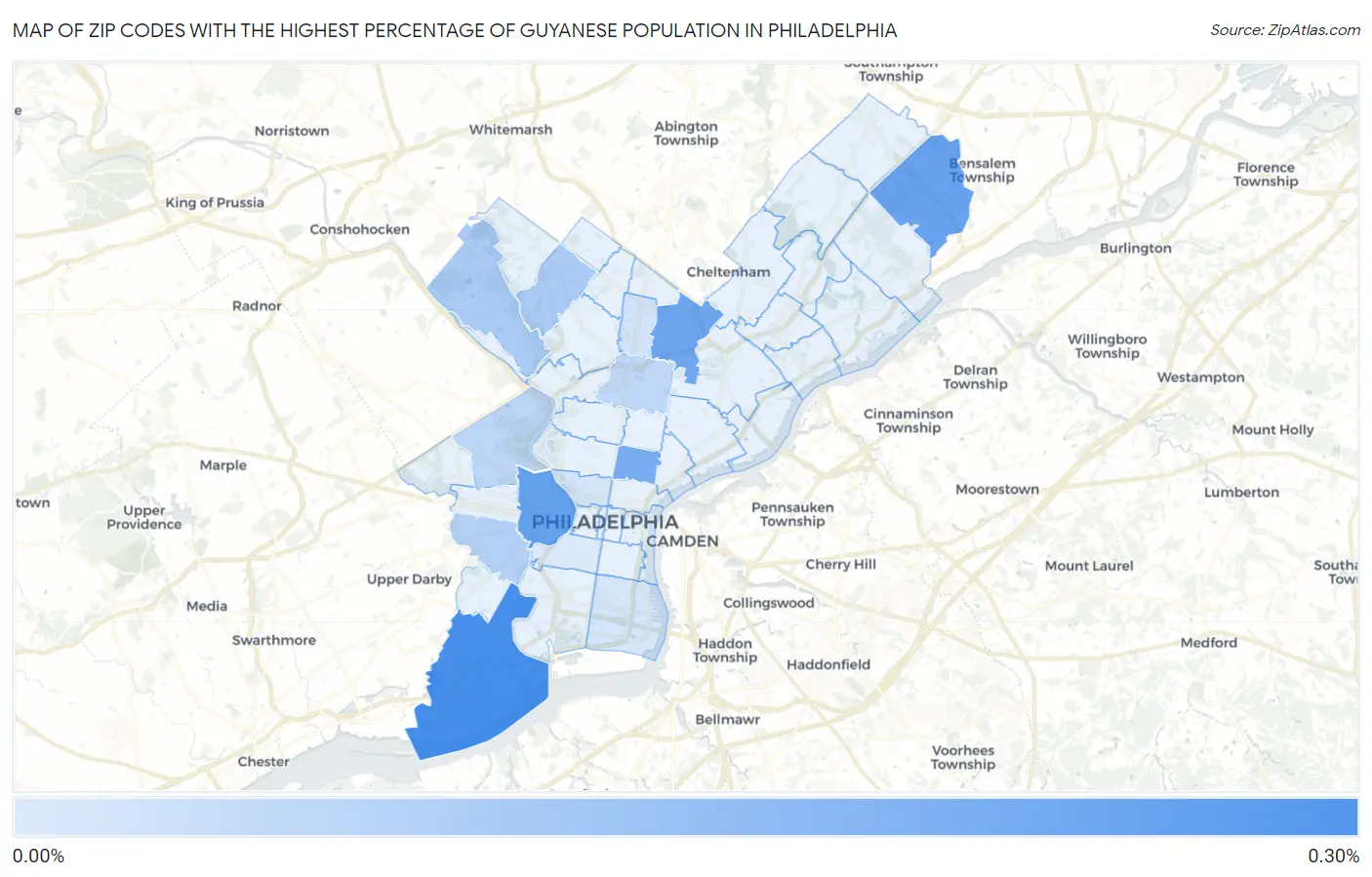 Zip Codes with the Highest Percentage of Guyanese Population in Philadelphia Map