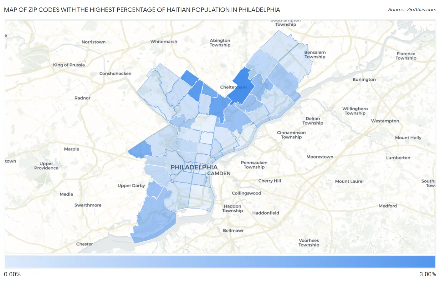 Zip Codes with the Highest Percentage of Haitian Population in Philadelphia Map