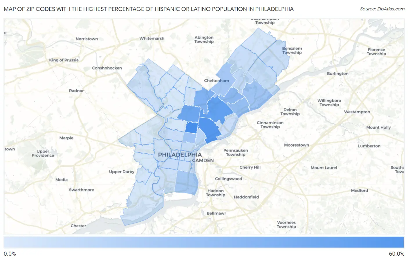 Zip Codes with the Highest Percentage of Hispanic or Latino Population in Philadelphia Map